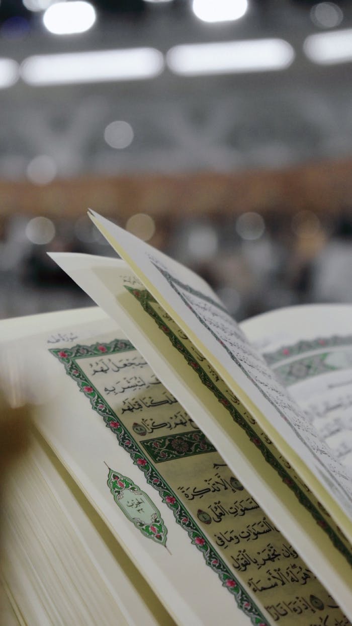 about-us-01 Close-up of an open Quran with Arabic text, blurred background for focus on holy scripture.